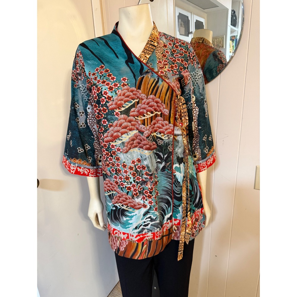 Sapphire Fabric & Pret Cotton Wrap Top Japanese Floral Print Teal Red Small